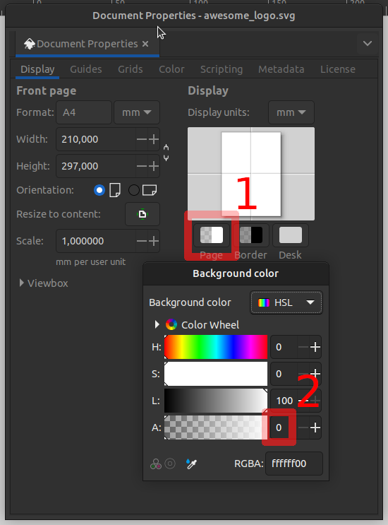 Inkscape: fenÃªtre pour rÃ©gler la couleur du fond, dont la transparence