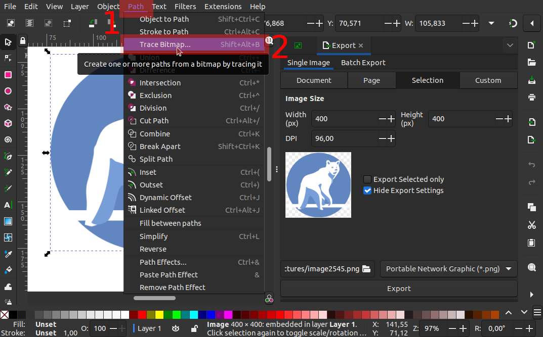 Inkscape: accÃ¨s au menu de vectorisation